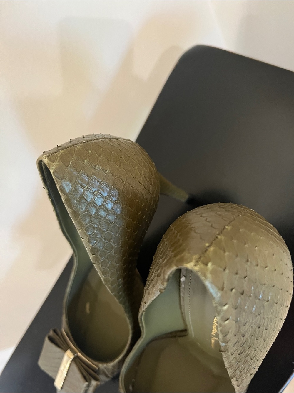 Salvatore Ferragamo Olive Green Pointed Toe Bow Pumps with Gold Accent - Picture 10 of 16